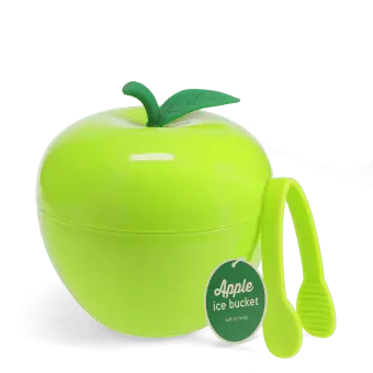 Green apple shaped ice bucket with lid, tong and a tag.