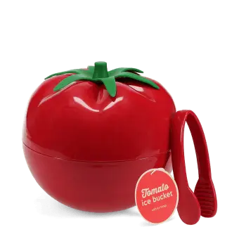 Tomato-shaped red ice bucket with green lid and matching serving tongs.