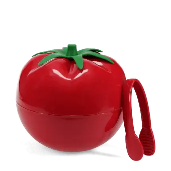 Tomato-shaped red ice bucket with green lid and matching serving tongs.