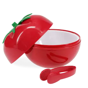 Tomato-shaped red ice bucket with lid and matching serving tongs.