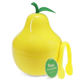 Yellow pear-shaped ice bucket with green leaf lid and matching tongs.