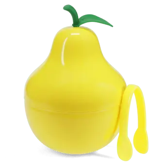 Yellow pear-shaped ice bucket with green leaf lid and matching tongs.