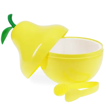Yellow pear-shaped ice bucket with green leaf lid and matching tongs.