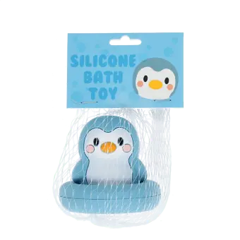 Blue silicone bunny bath toy with upright ears and simple face, in a packaging