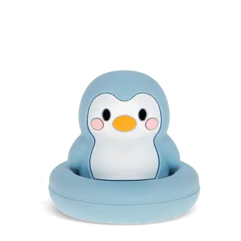 Blue silicone bunny bath toy with upright ears and simple face, in round base