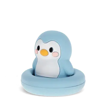 Blue silicone bunny bath toy with upright ears and simple face, in round base