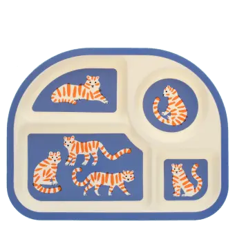 Four sectioned children’s plate with orange tiger illustrations in each compartment.