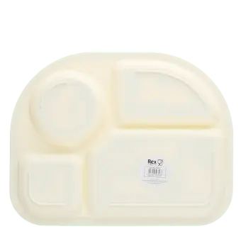 Back of four sectioned children’s plate with barcode.