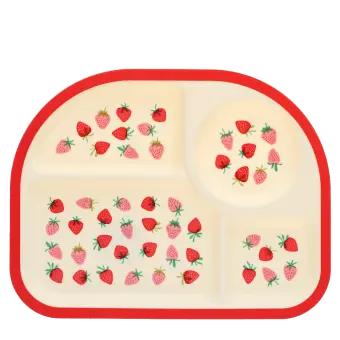 Four sectioned children’s plate with a red rim and small strawberry illustrations in each compartment.