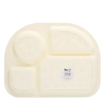 Back of four sectioned children’s plate with barcode.