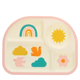 Four sectioned children’s plate with pastel rainbow, sun, clouds, birds, and flower illustrations.