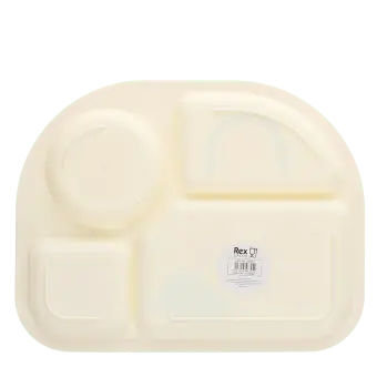 Back of four sectioned children’s plate with barcode.