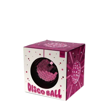 Plum purple disco ball inside a packaging labelled "DISCO BALL" letters