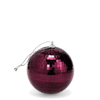 disco ball covered in reflective plum purple tiles, with a string attached at the top for hanging.