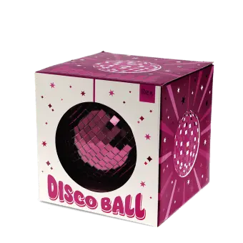 Plum purple disco ball inside a packaging labelled "DISCO BALL" letters