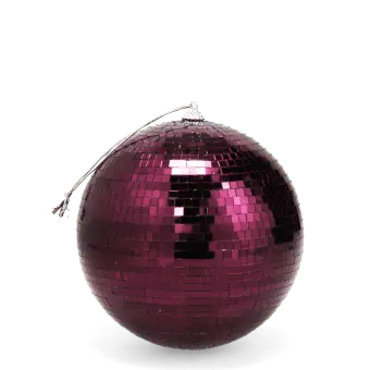 disco ball covered in reflective plum purple tiles, with a string attached at the top for hanging.