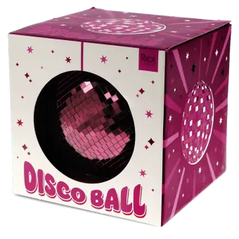 Plum purple disco ball inside a packaging labelled "DISCO BALL" letters