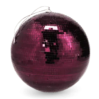 disco ball covered in reflective plum purple tiles, with a string attached at the top for hanging.