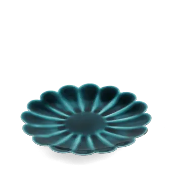 Blue enamel flower-shaped trinket dish with scalloped edges