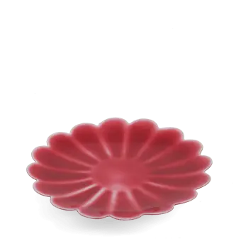 Red enamel flower-shaped trinket dish with scalloped edges