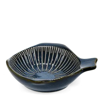 Blue ceramic fish-shaped dish with striped pattern and handle
