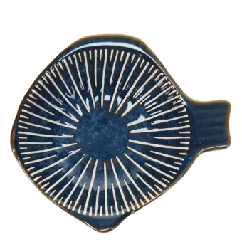 Blue ceramic fish-shaped dish with striped pattern and handle