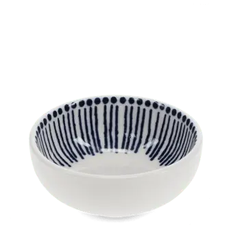 White ceramic bowl with blue vertical line pattern inside
