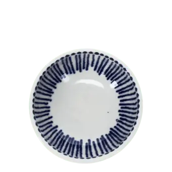 White ceramic bowl with blue vertical line pattern inside