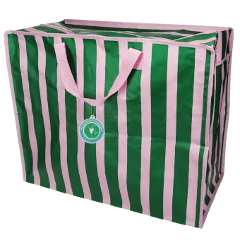 Green and pink striped jumbo storage bag with handle and a tag.