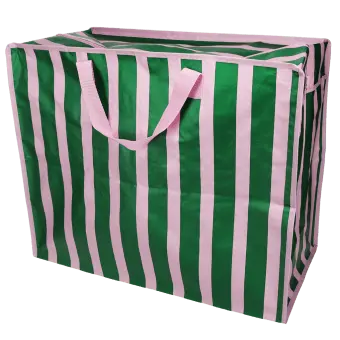 Green and pink striped jumbo storage bag with handle.