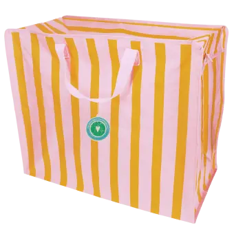  Pink and yellow striped reusable storage bag with handles and a tag.
