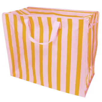 Pink and yellow striped reusable storage bag with handles.