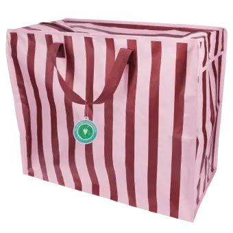 Pink and brown  striped reusable storage bag with handles and a tag.