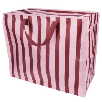 Pink and brown  striped reusable storage bag with handles.