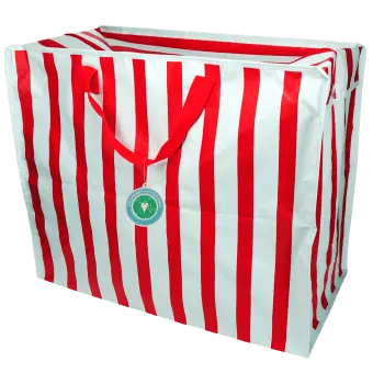 Blue and red striped reusable storage bag with handles and a tag.