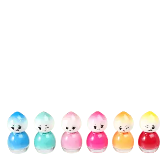 Six colourful doll‑shaped nail polish bottles with cartoon faces in a row.