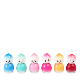 Six colourful doll‑shaped nail polish bottles with cartoon faces in a row.