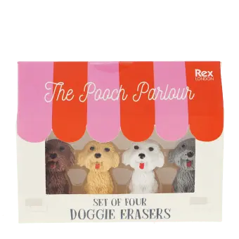 Set of four dog-shaped erasers in assorted colours, packaged in a gift box.
