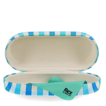 Open blue gingham sunglasses case with a soft interior and cleaning cloth.