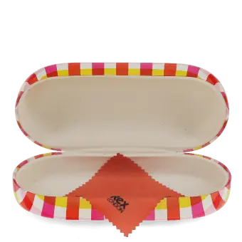 Open pink gingham sunglasses case with a soft interior and cleaning cloth.