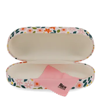 Open ditsy floral sunglasses case with a soft interior and cleaning cloth.