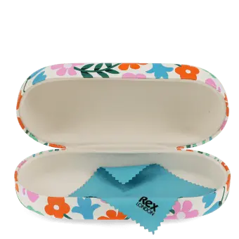 Open esme floral sunglasses case with a soft interior and cleaning cloth.