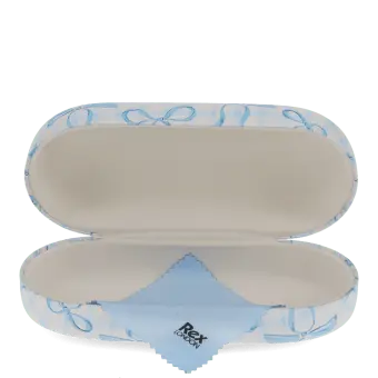 Open blue bow sunglasses case with a soft interior and cleaning cloth.