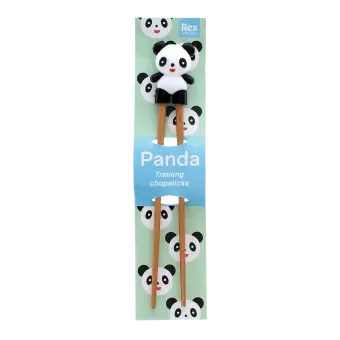 Panda training chopsticks with character topper in retail packaging.