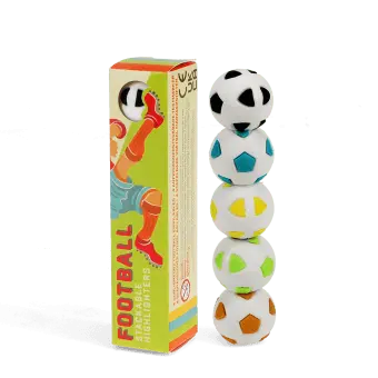 Stack of football-shaped highlighters next to colourful product box.