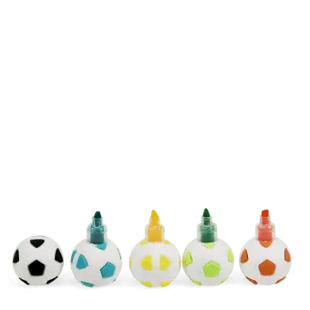 Stackable football-shaped highlighters in different colours arranged in a row.