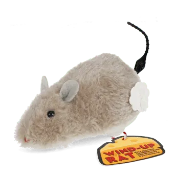 Fluffy wind-up toy mouse with soft beige fur and black tail with tag.