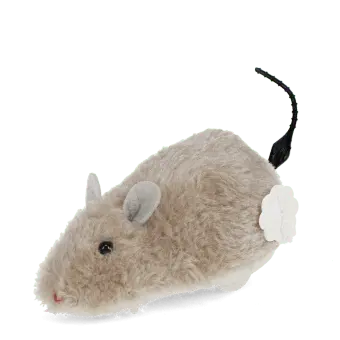 Fluffy wind-up toy mouse with soft beige fur and black tail.