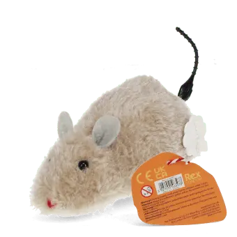 Fluffy wind-up toy mouse with soft beige fur and black tail with tag showing safety infomation.