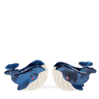 Set of two mini whale-shaped hair claw clips in blue and cream 